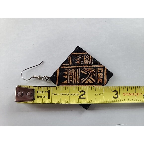 Handpainted Bohemian Wooden Square Shaped Dangling Earrings Vintage NOS - Picture 9 of 10